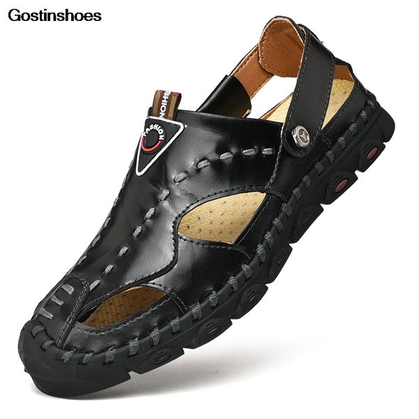 

shoes men sandals genuine leather closed toe fashion sport beach shoes cowhide large size 46 leather sandals mens sandles, Black