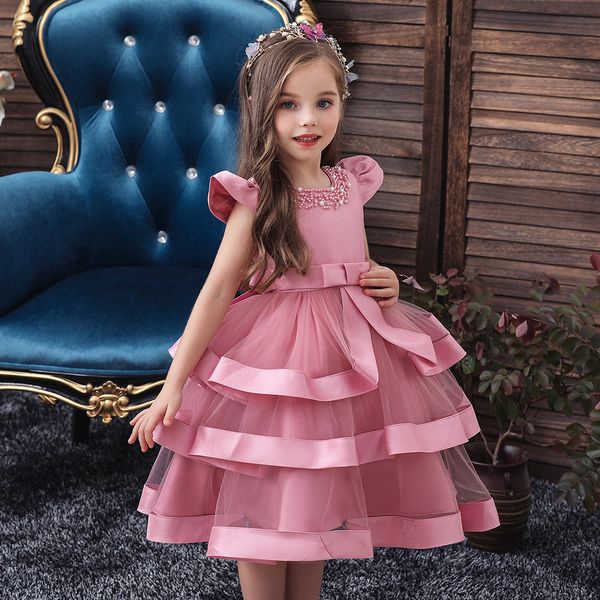 

girl's dress short sleeve perform costumes children dress beaded cake dress princess flower children dresses, Red;yellow