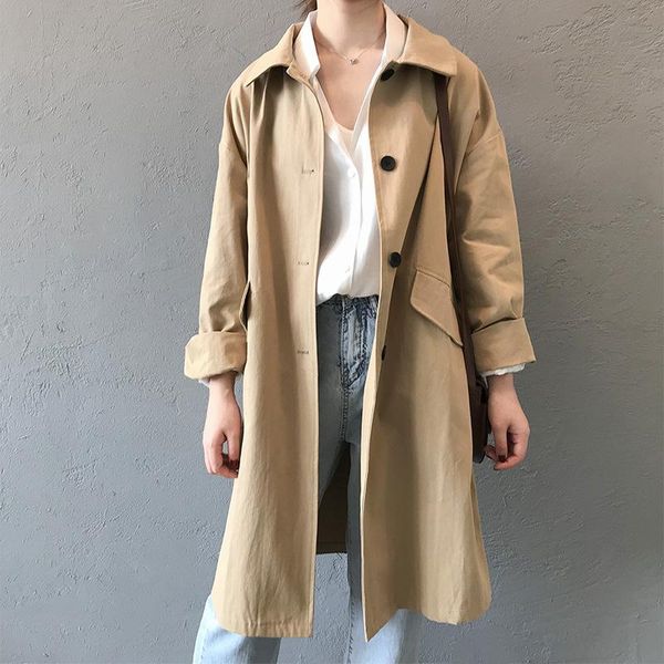 

women's trench coats 2021 spring coat for women streetwear turn-down collar single breasted straight cotton female, Tan;black