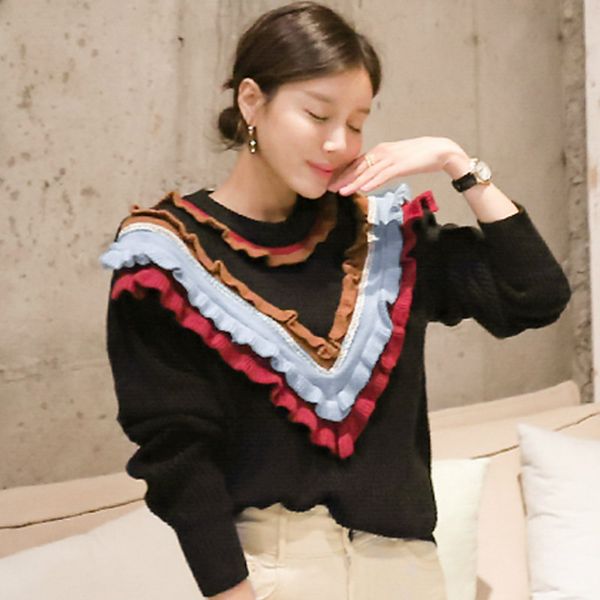 

2019 winter colorful ruffles patchwork short o-neck loose women's casual knitting sweater, White;black
