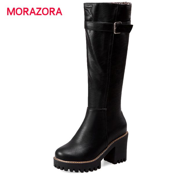 

morazora big size fashion square heel mid calf boots round toe high heel women boots autumn winter pu leather, Black