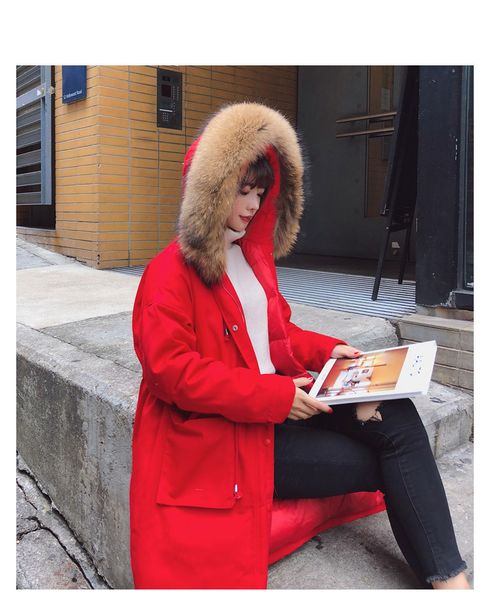 

2018 new down jacket women's long raccoon fur collar han version loose large size thickened white down coat 90207, Black