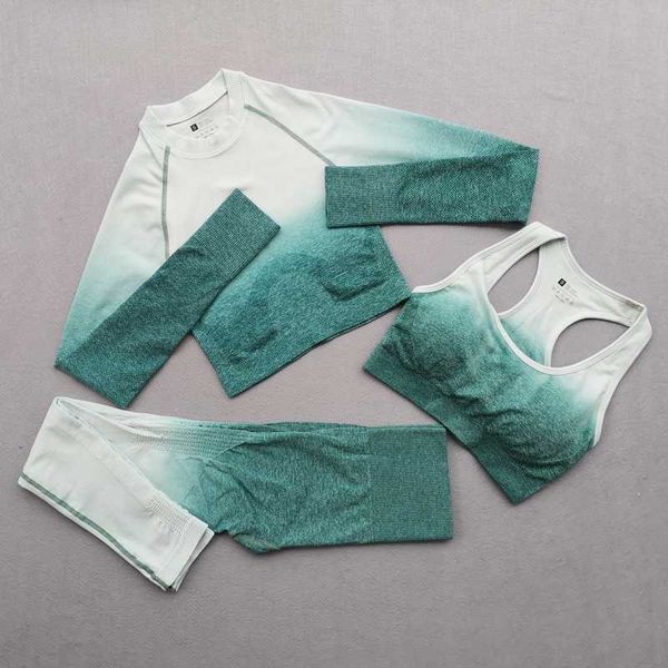 

3pcs seamless yoga set high waist leggings sports bra long sleeve crop women running gym clothing fitness sports suit