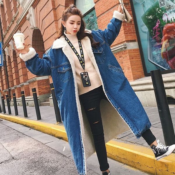 

ewq] 2020 spring new thick warm warm fashion trend ladies denim long coat korea style lamb fur women's trench coats qz04205, Tan;black