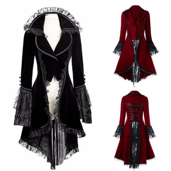 

renaissance victorian woman gothic jacket medieval steampunk coat lace up bandage tuxedo halloween party cosplay costumes, Black;red