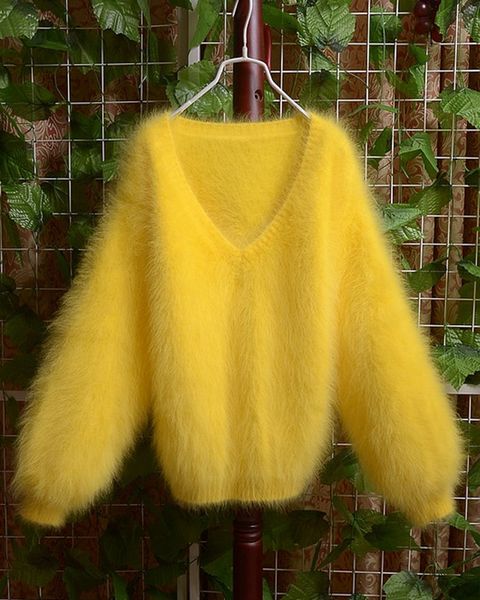 

women v neck yellow purple blue knitting faux fur fashion pullover new warm loose sz sweater x35, White;black