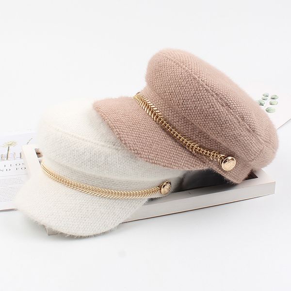 

01910-ju2019100019 autumn winter imitated mink hair metal fishbone chain octagonal hat men women leisure beret cap, Blue;gray