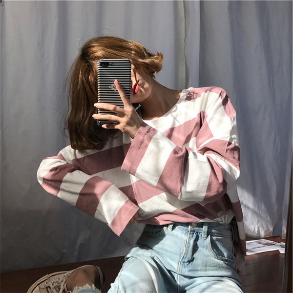 

2020 korean version of sister e spring and autumn students joker loose stripe shirt original long-sleeve t-shirt female base, White