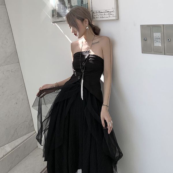 

loose irregular black tank fashion new women 2020 spring summer strapless single breast split backless tank zll5028, White