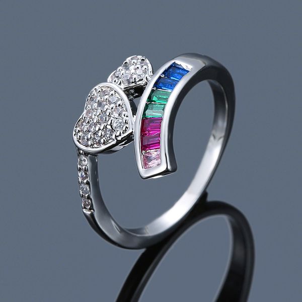 

simple ladies colorful zircon heart ring classic promise engagement rings for women cute yellow gold silver color cross ring, Slivery;golden