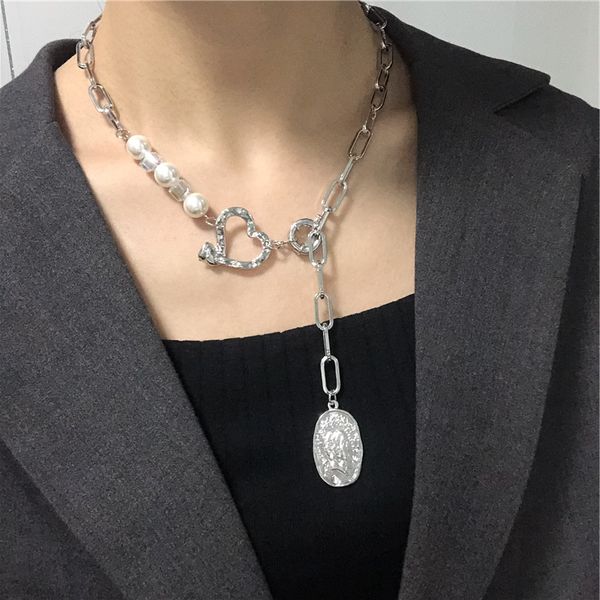 

kmvexo punk heart portrait metal pendant aesthetic necklaces for women pearls crystal choker necklace new egirls jewelry 2020, Silver
