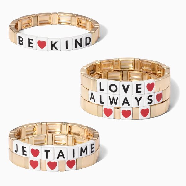 

tile enamel gold letter word bangle color matching bracelet elastic rectangular bracelet beaded for women&men, Black