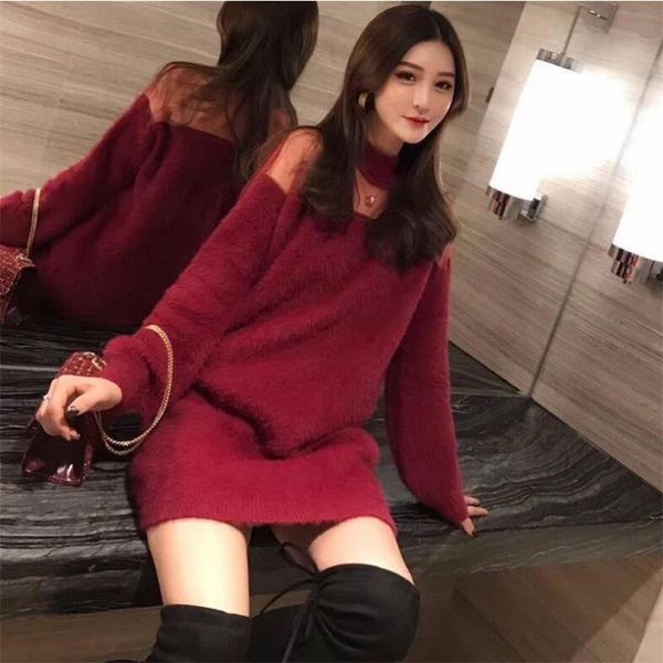 

2019 autumn and winter new long sweater female mesh stitching loose strapless solid color long-sleeved sweater, White;black