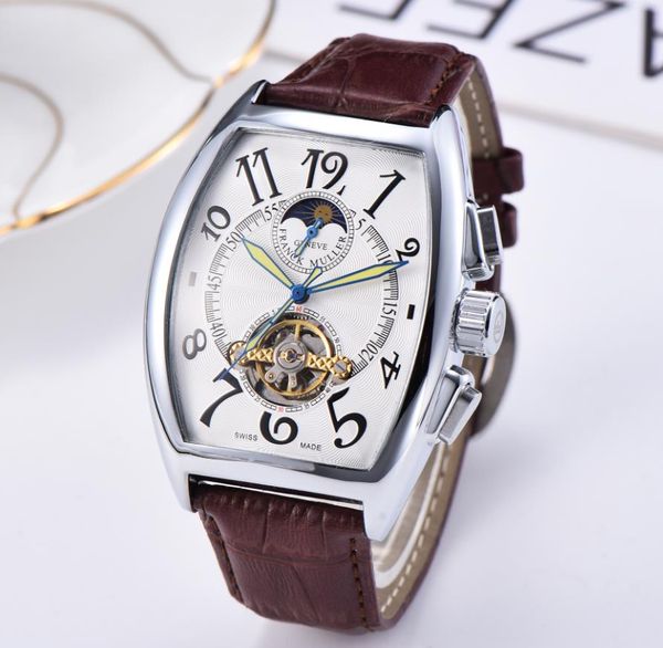

men's watches tourbillon dial automatic mechanical watch leather strap calendar fashion business casual watch men, Slivery;brown