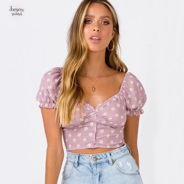 

блуза женщины милая декольте кнопки up crop top с puff рукава маленькая короткие crop daisy drop доставка, White