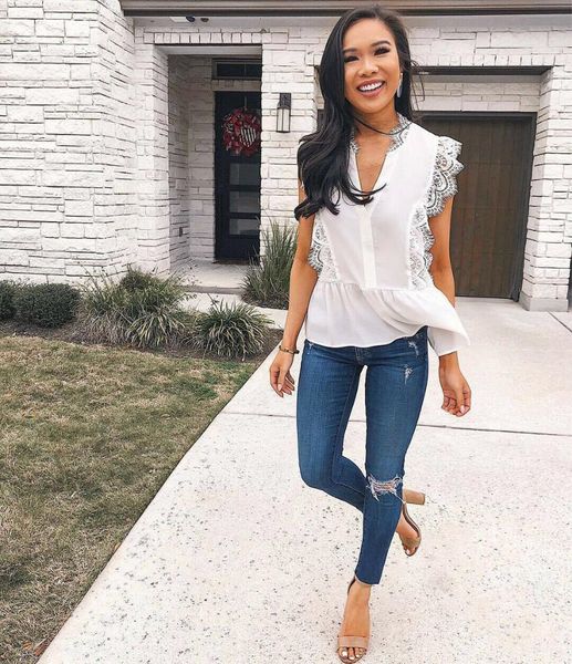

2019 new style solid ruffles women fashion lace v-neck blouse casual sleeveless slim white
