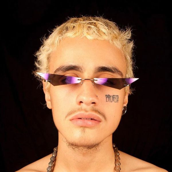 

pink mirror hippie narrow glasses new personality cat eye frameless sunglasses women men metal shades hip hop sun glasses, White;black