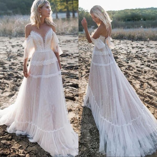 

modest bohemian spaghetti backless pick up half sleeve a line wedding dresses lace wedding gowns sweep train bridal gown, White