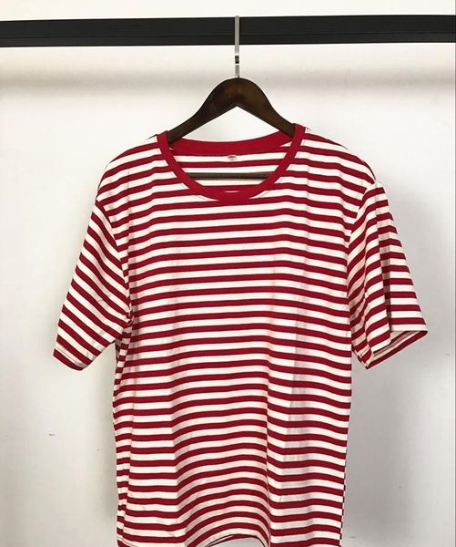 

new fashion high-quality mens t-shirt kanye west oversize off the shoulder short sleeved loose version stripe t-shirts, White;black