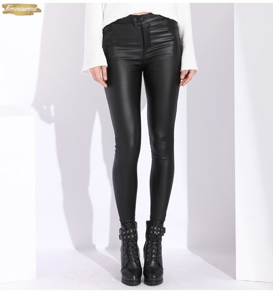 

velvet womens leather pants high waist trouser slim women casual skinny stretch zipper fly pu leather pencil pants cotton leggings, Black;white