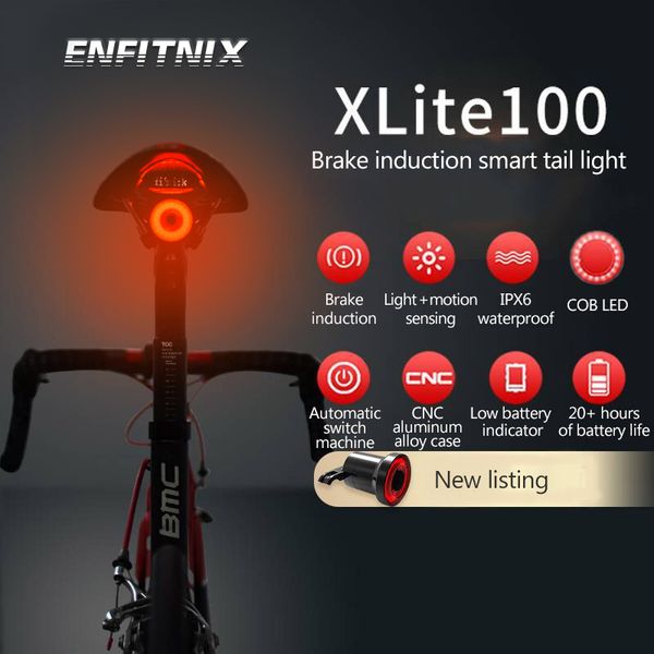 

xlite100 bicycle taillight auto start/sbrake sensing ipx6 waterproof led charging cycling enfitnix 30 lumens rear light bike