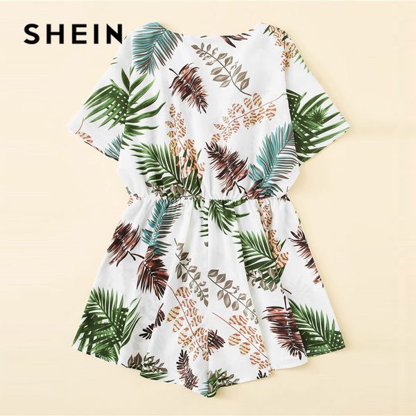 

shein boho tropical print wrap v-neck summer romper women casual short sleeve mid waist wide leg shorts romper beach playsuit, Black;white