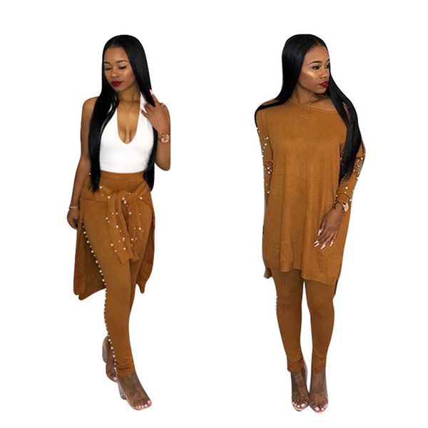 

осень зима женщины вязаные штаны набор pearl два piece set длинные бисероплетение свитер пуловер штаны casual женщины вязаные tracksuit, White