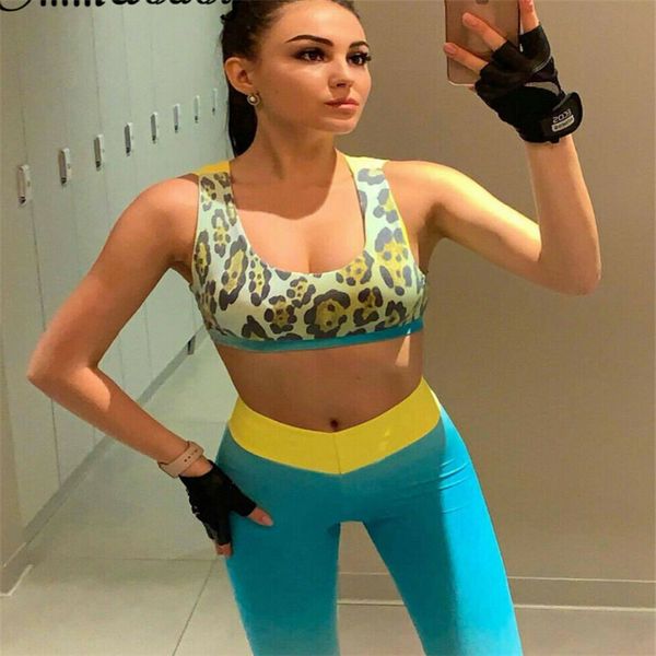 

women leopard two pieces sets vest + skinny pants 2pcs set running fitness tracksuit, White