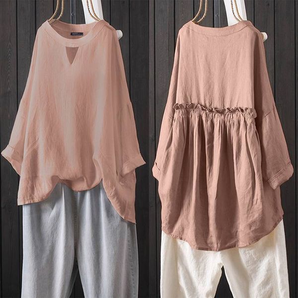 

2019 zanzea women's pleated blouse casual hollow blusas female 3/4 sleeve shirt female rullfe tunic plus size linen kaftan, White