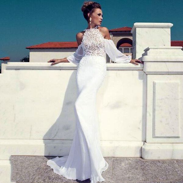 Glamorous Kapalı Omuz Beyaz Dantel Uzun Kabarık 3/4 Kollu Abiye Kadınlar Chic Akşam elbise Uzun Mermaid Elbise Longo Vestidos