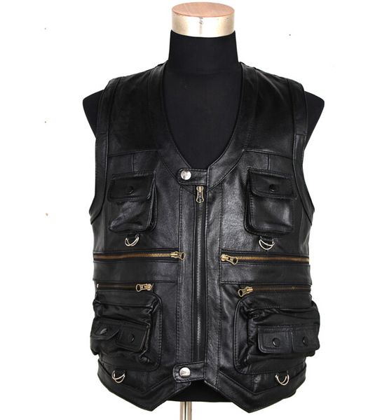 

new men's waistcoat genuine leather reporters suit more than pocket quinquagenarian men cow leather vest, Black;white