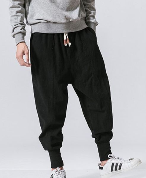 

sincism store men harem pants japanese casual cotton linen trouser man jogger pants chinese baggy, Black