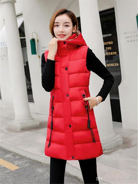 

thick designer winter women down vest middle long solid color hooded casual ladies coats fashion slim female outerwear, Black;white