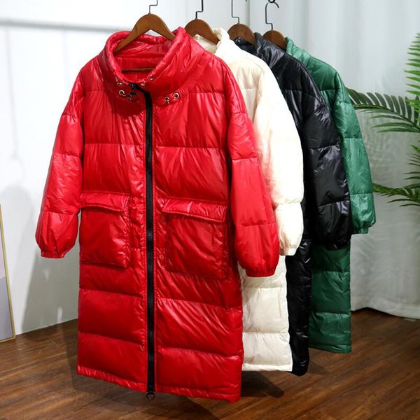

90% white duck down jacket women thick long winter down coat 2019 korean women stand collar loose pocket warm parka snow outwear, Black