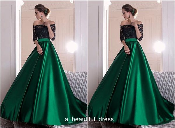 

black lace off the shoulder evening dresses green satin a-line sheer 3/4 sleeves zipper back ball gowns evening prom gowns withpleats ed1117, Black;red