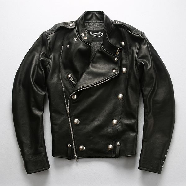 

factory 2019 new men black genuine motorcycle leather jacket fahion double rivets decoration thick cowhide riding biker jackets
