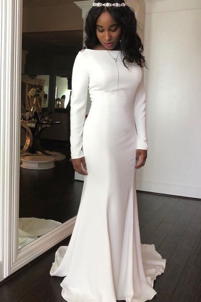 2020 Krepp-Meerjungfrau-bescheidene Brautkleider mit langen Ärmeln, Bateau-Ausschnitt, schlichte, elegante, bescheidene Lds-Brautkleider nach Maß