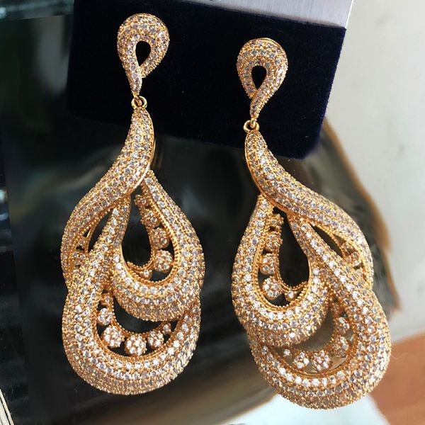 

dazz gold color luxury twisted braided full mirco zircon zircon stud earrings women's wedding dubai bridal fashion earrings 2019, Silver