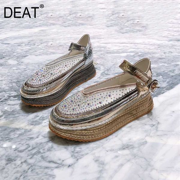 

deat] 2020 round toe mesh lace crystal rhinestone pu leather single platform shoes women new spring autumn fashion tide 10h308, Black