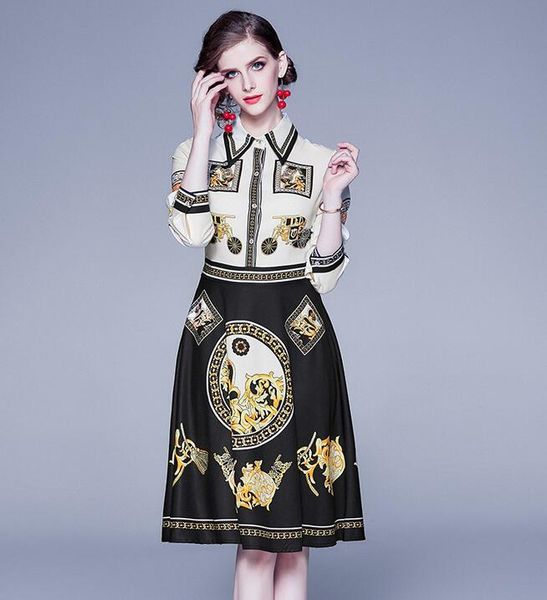 

2020 lightly mature royal sister style women lapel slim long-sleeved printed spring dress, Black;pink