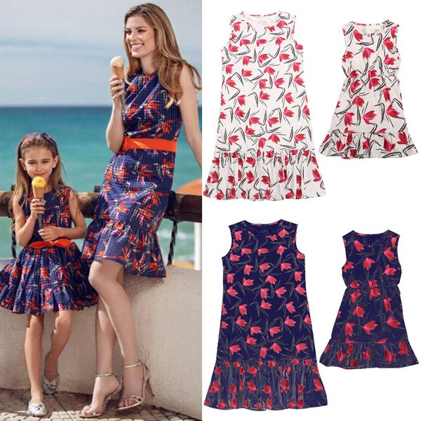 

canis lovely mother and daughter floral dress matching women kids girls casual print family clothes dress, Blue