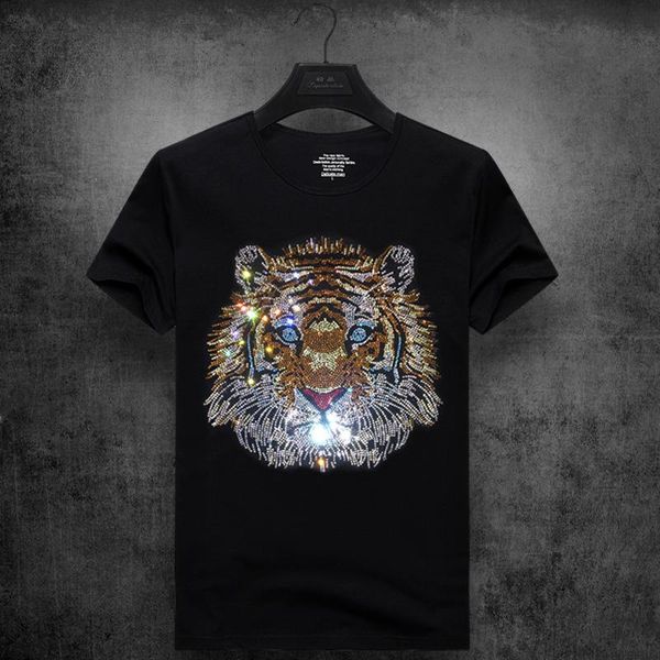 

мужских дизайнерских футболки тенниска одежда прилива бренд голова тигра горячего бурение футболка с коротким рукавом мужской половины раунд, White;black