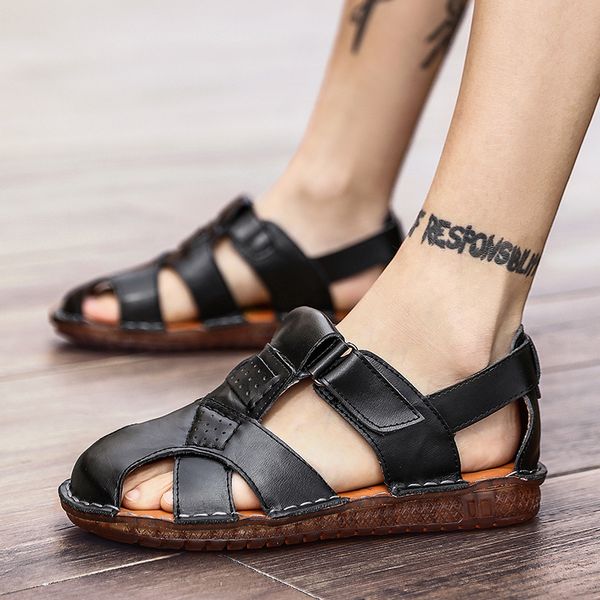 

summer soft sandals men leather casual men shoes outdoor male roman sandals classic light soft casual shoes male big size, Black