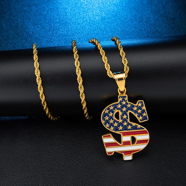 

us7 us dollar american flag necklace & pendant stainless steel star pendants with chain for men hip hop jewelry, Silver