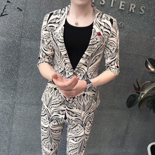 

new mens 3pcs set floral printed half sleeve blazer coat skinny pants slim fit casual suit night club male outfits matching, White;black