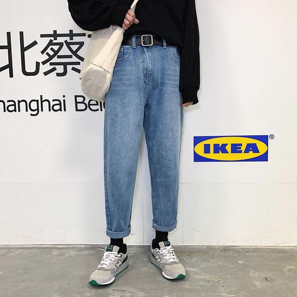 

men baggy jeans homme straight pants solid men's cotton-blend slight stretch whiskers wash effect loose jeans hot, Blue