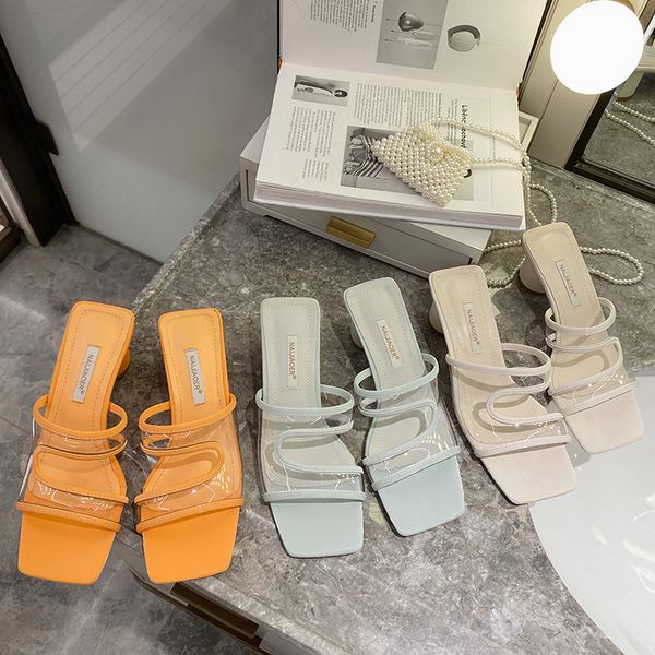 

shoes square toe slippers women summer slides pantofle med fretwork heels soft 2020 block pu fashion rubber, Black