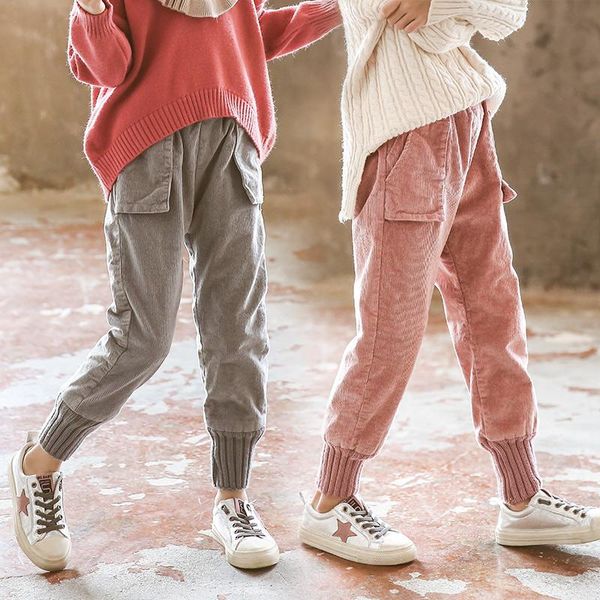 

ins girls pants 3-11 years old cotton large pocket threaded cuff corduroy trousers children's clothing velvet thick harem pants, Blue