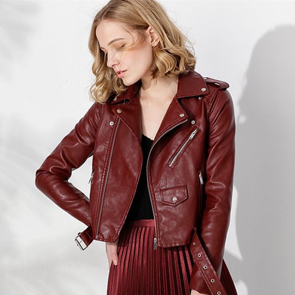 

new arrival leather jacket women fashion bright colors black motorcycle coat short faux leather biker jacket soft female, Black;brown