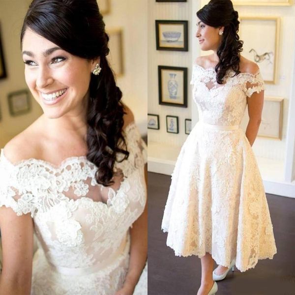 

2020 off shoulder lace short country wedding dresses appliqued tea length a line boho beach bridal gowns plus size robes de mariee, White